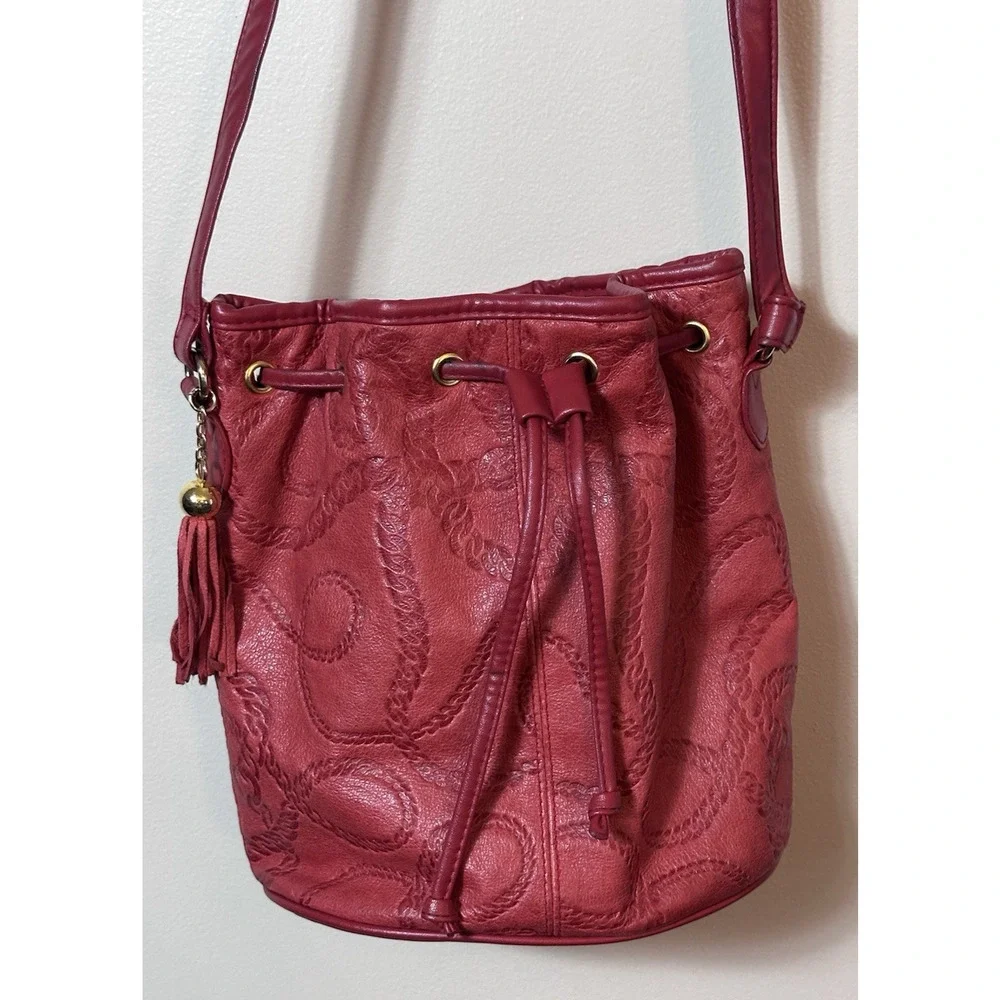 Red Leather Embossed Bucket Bag Crossbody Drawstring Purse Boho Western Festival